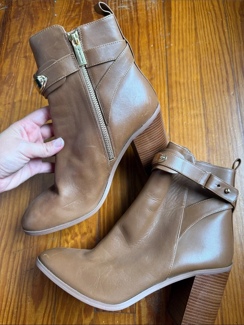 Michael Kors Women’s Tan Leather Ankle Boots with Block Heel
